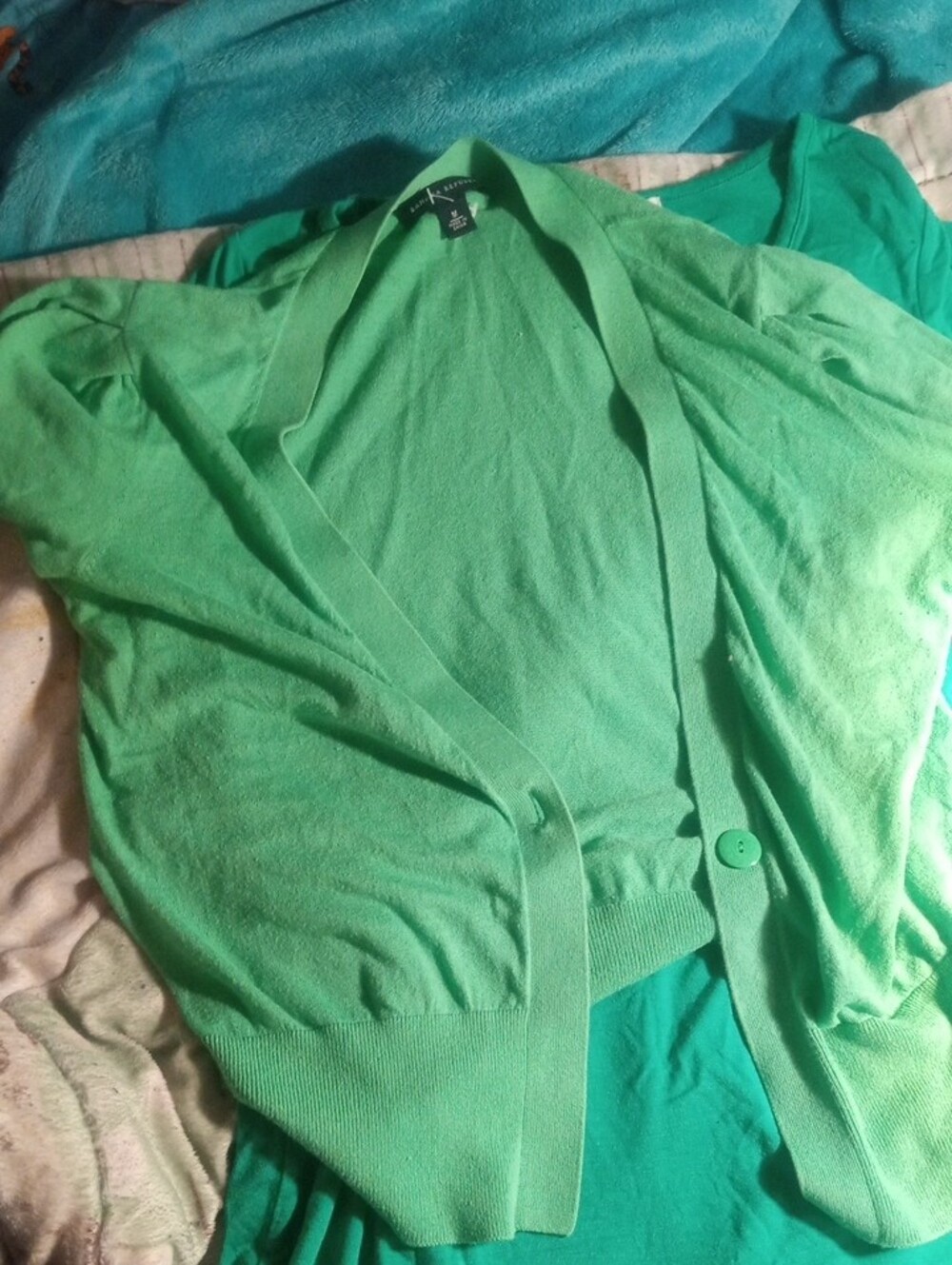 Michelle Mae Small Bright Green V-Neck Tunic Top Plus Short Sleeve Crop Sweater